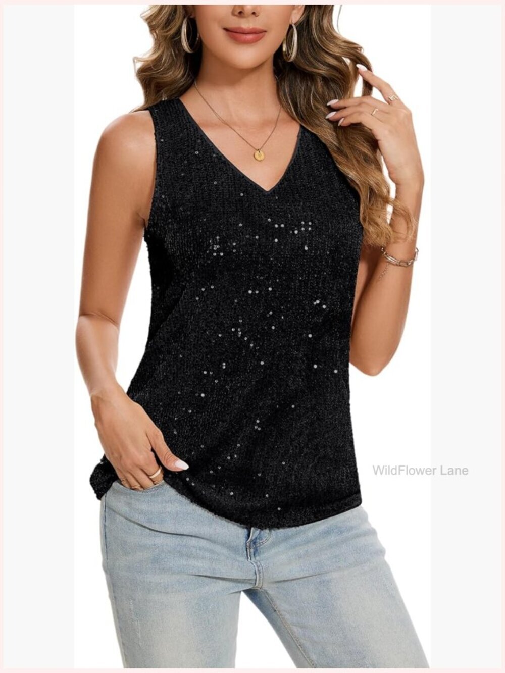 Sequin Tank Top V-Neck Sleeveless Sparkle Glitter Party Top